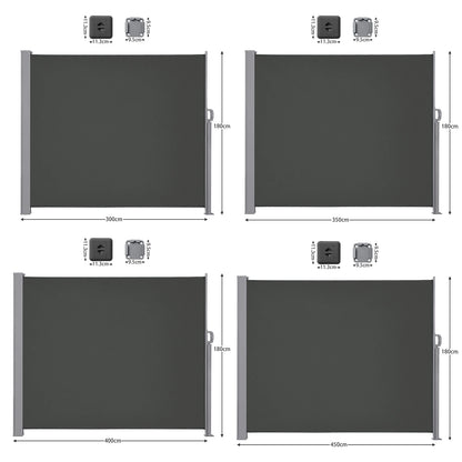 Uitschuifbaar Zijscherm – Balkonwand – Windscherm – Schaduwdoek – Privacywand – Waterafstotend Polyester – Roestvrij Stalen Frame - 180x350cm - Grijs