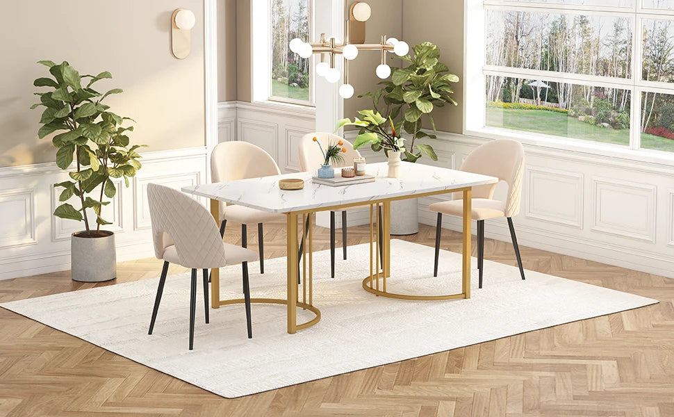 140 x 80cm Dining Table (1 Piece), Modern Kitchen Table, Metal Frame Rectangular Dining Table with Modern Marble Pattern