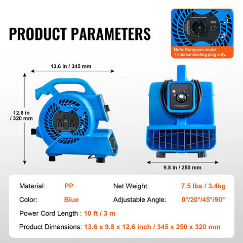 Electric Air Blower - Air Duster - Compressed Air - Floor Blower - 13.3kg - 1300 RPM - Dry - Cooling - 3 Adjustable Speeds - Timer - Portable Handle - Blue