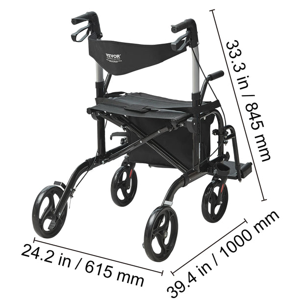 Rollator Lichtgewicht en Opvouwbaar - Rolstoel - Rollators - Rollator Lichtgewicht - Rollators Binnen en Buiten - 2 in 1 Rollator - Looprek & Transportstoel voor Senioren - Rolstoel Combo - Draagvermogen 300 lbs - Zwart