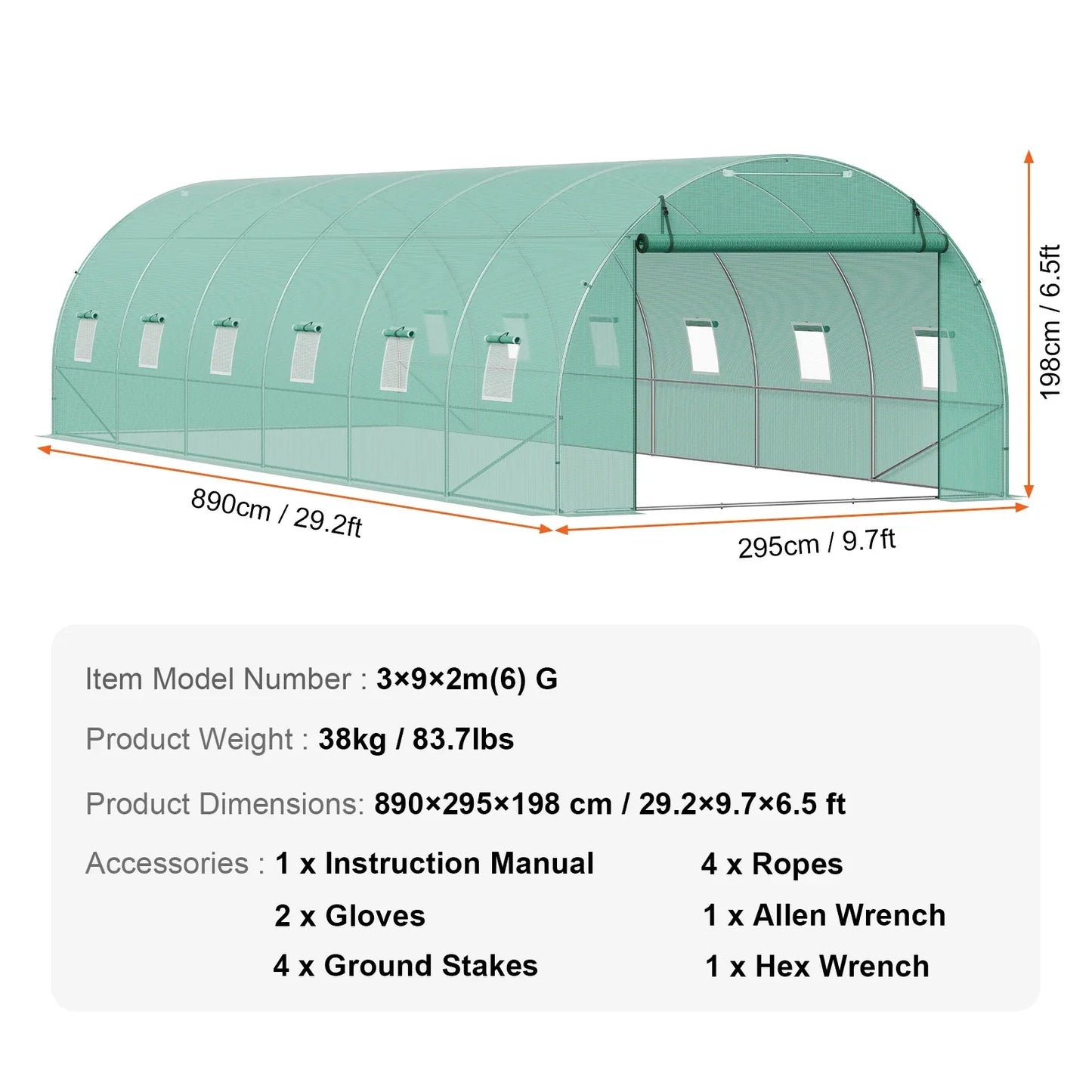 Walk-in Tunnelkas - Tuinkas - Tunnelserre - Grote - Stalen Frame - Weerbestendige - met Vensters - Voor Tuin - en Kleine Boerderij - 30x10x7ft - Groen