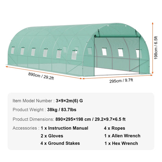 Walk-in Tunnelkas - Tuinkas - Tunnelserre - Grote - Stalen Frame - Weerbestendige - met Vensters - Voor Tuin - en Kleine Boerderij - 30x10x7ft - Groen