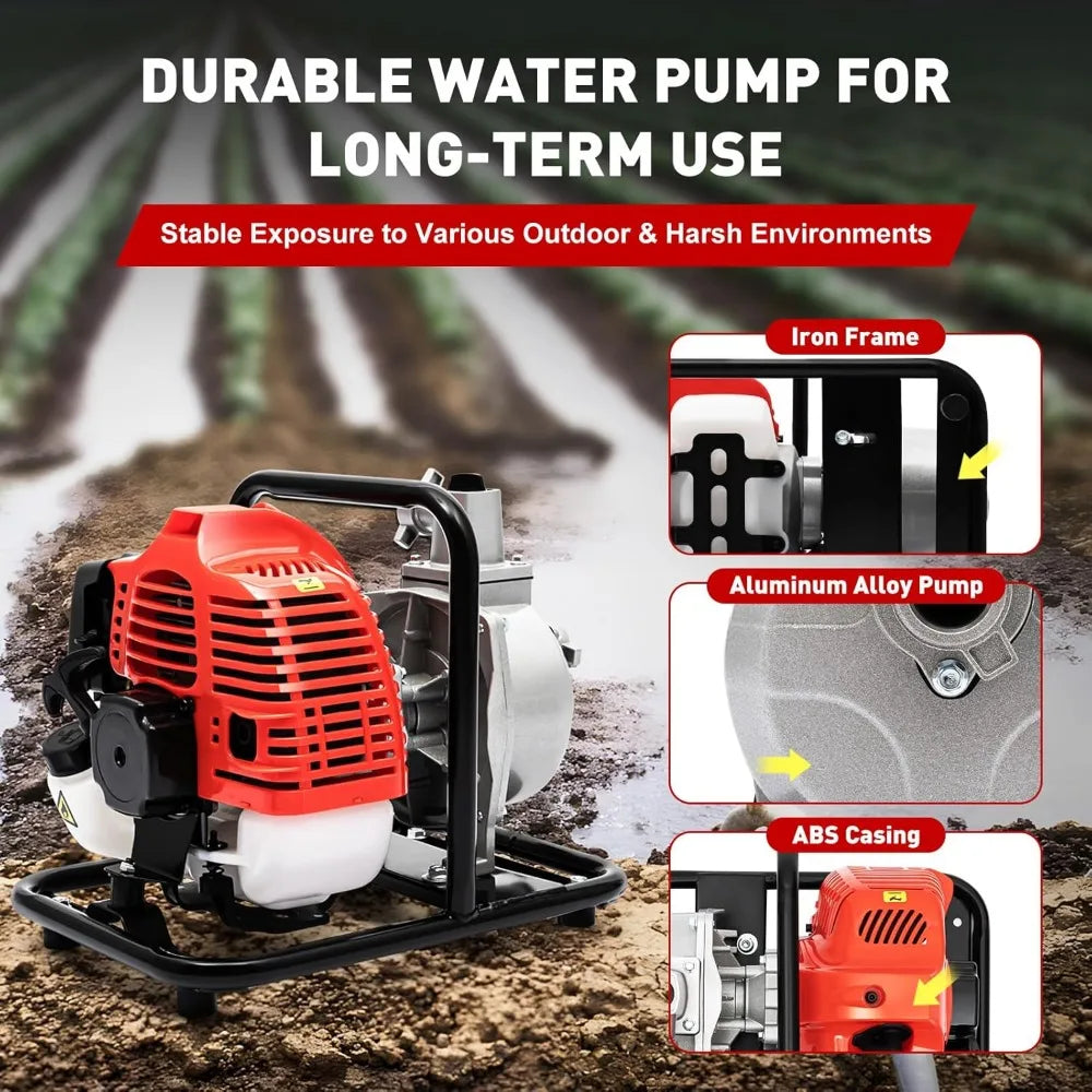 Benzine Wateroverdrachtpomp - Waterpomp - Vijverpomp - Pomp - Tuinpomp - 1-Inch - 2-Takt 1.7PK Motor, 6500RPM, Luchtgekoeld & Hoge Druk