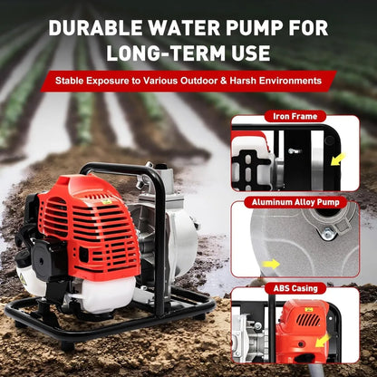 Benzine Wateroverdrachtpomp - Waterpomp - Vijverpomp - Pomp - Tuinpomp - 1-Inch - 2-Takt 1.7PK Motor, 6500RPM, Luchtgekoeld & Hoge Druk