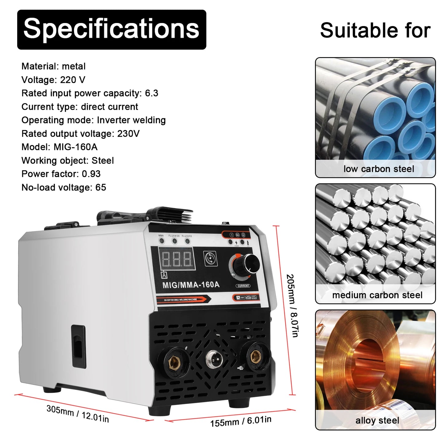 Welding Machine - Electric Welder - MIG MMA Welding Machine - 160A - Inert Gas Shielded - Adjustable IGBT DC Inverter - Electric Arc Welder 