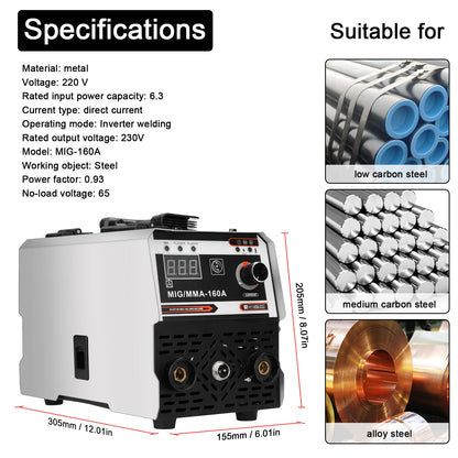 Welding Machine - Electric Welder - MIG MMA Welding Machine - 160A - Inert Gas Shielded - Adjustable IGBT DC Inverter - Electric Arc Welder 