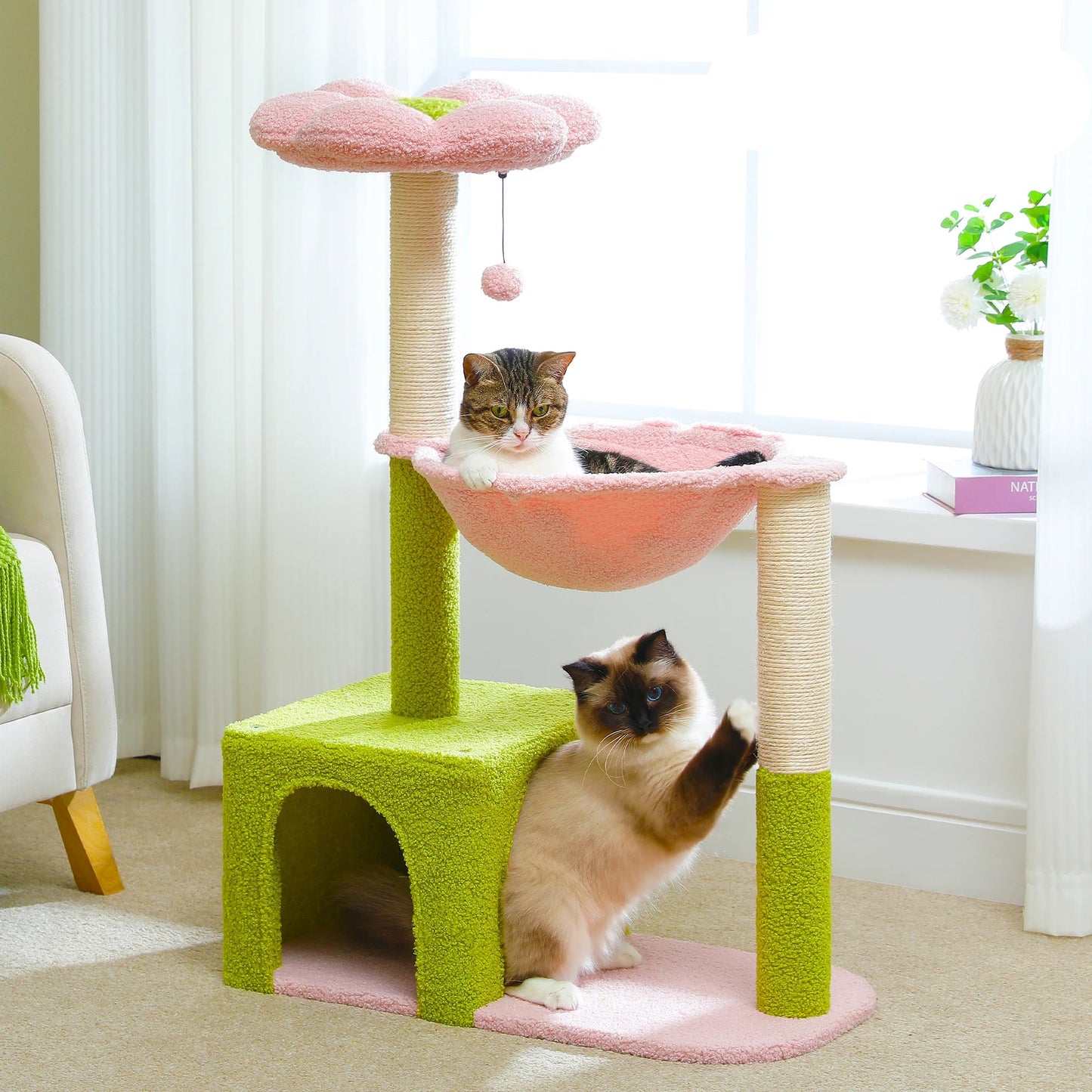 Kattenboom – met Bloem Ontwerp - Krabpaal - Stabiele Hangmat - Huis - Sisal Krabpalen - voor Kleine Binnenkatten - 89 cm - Groen