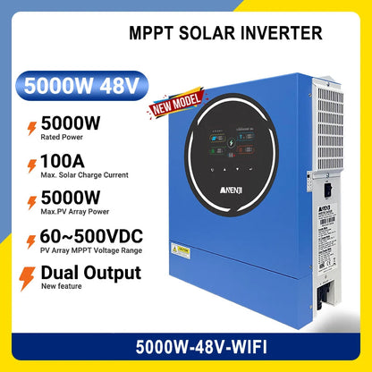 Hybride 5 kW Solar Omvormer – Zonne-energie Inverter – Netgekoppeld Converter – Dubbele Uitgang Omvormer – 48V Batterijcompatibel – Pure Sinusgolf – Ingebouwde WiFi & RGB Display