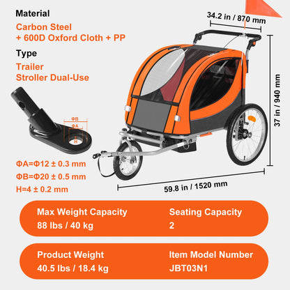 Fietsaanhanger - Fietskar - Fietskarren - voor Kinderen - 88 lbs Kinderfiets Trailer met Dubbele Zitplaatsen - Kinderfietskar - Vouwbare Kinderfiets Carrier - Kan omgebouwd worden tot Kinderwagen - Voor Peuters en Kinderen