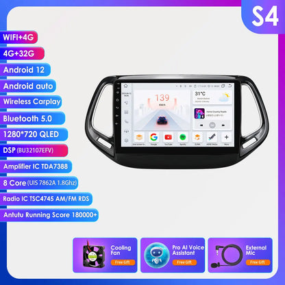 Android 14 Autoradio Jeep Compass – Multimedia Speler – Navigatiesysteem – Carplay Auto Stereo – 9 Inch Touchscreen – 8-Core Processor – 4G Bluetooth