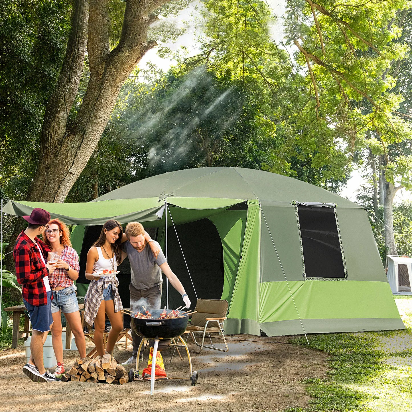 Familietent - 4 tot 8 Personen - Grote Kampeertent - Dubbele Compartimenten - UV-bescherming - Waterdicht - 405x305x225 cm - Groen - QUORE
