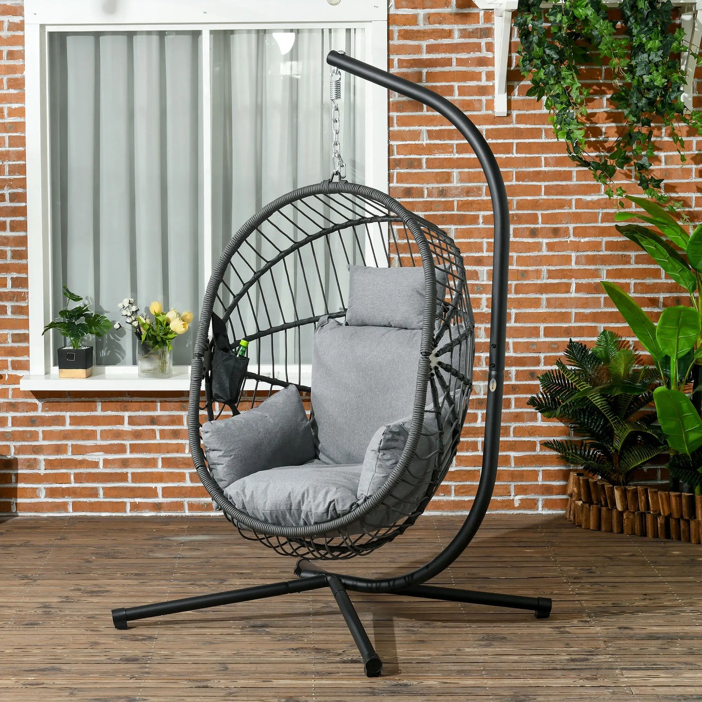 Hangstoel in Ei-vorm - Egg Hangstoel - Hangstoel Ei - Tuin Schommelstoel - met Standaard - Opvouwbare Mand - Inclusief Kussen - en Opbergvak - voor Buiten - Terrasdecoratie - Balkon - Donkergrijs - QUORE