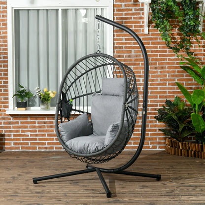 Hangstoel in Ei-vorm - Egg Hangstoel - Hangstoel Ei - Tuin Schommelstoel - met Standaard - Opvouwbare Mand - Inclusief Kussen - en Opbergvak - voor Buiten - Terrasdecoratie - Balkon - Donkergrijs - QUORE