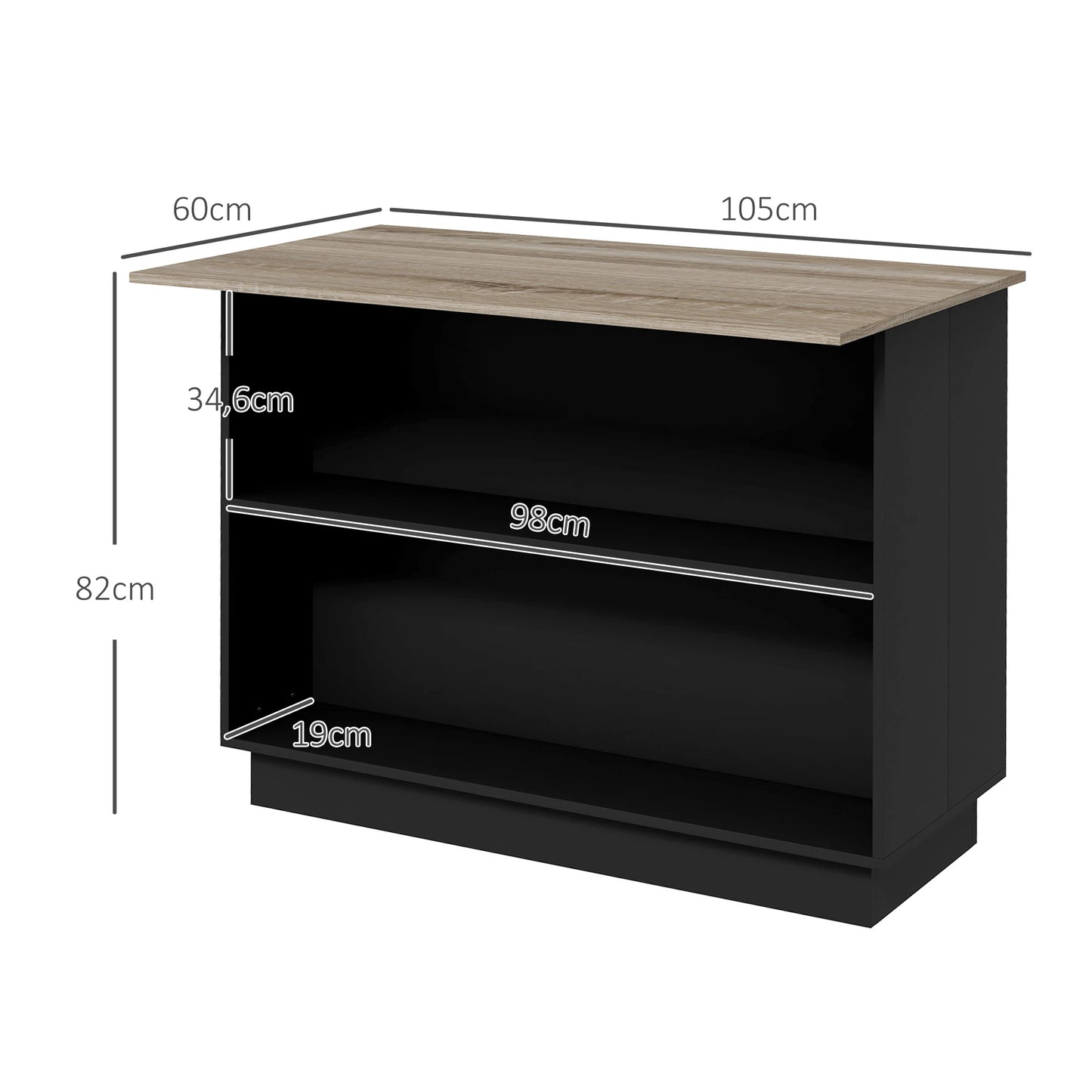 Keuken Zijtafel – Extra Werkruimte – Keukentafel – Opbergmeubel – Praktische Zijtafel – Push-To-Open Deuren - 105 x 60 x 82 cm - Zwart en Eiken - QUORE