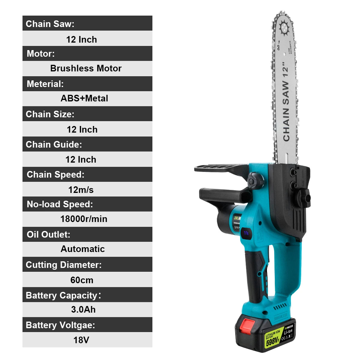 Kettingzaag - Takkenzaag - Handzaag - Snoeizaag - Draadloze - 12 Inch - 18V - 18000 RPM - Brushless - Boom- en Houtzagen - Tuin - Zonder Accu