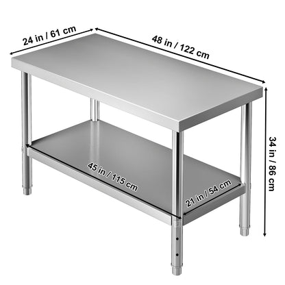 Roestvrijstalen Werktafel - Keukentafel - Keuken Werktafel - Keukeneiland - Werkbank - Verstelbare Onderniveau - 48x24x34inch - Industriële Werktafel RVS - Met Opbergruimte