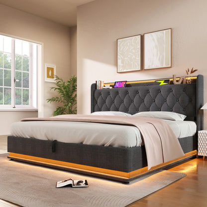 Opbergbed – Bed Met Opbergruimte – Slaapbank – Boxspring – Bedframe – Donkergrijs 160x200 cm – LED-Verlichting Met 360° Surround – USB Type-C Oplaadpoort
