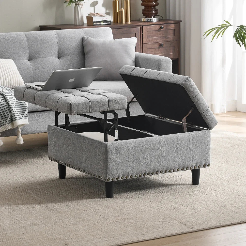 Opbergpoef – Zitzak – Opbergbox – Poef met Opbergruimte – Sitzbank – Grijs Linnen – Dubbellaagse Opbergruimte – Comfortabele Zitting 75x75x41 cm