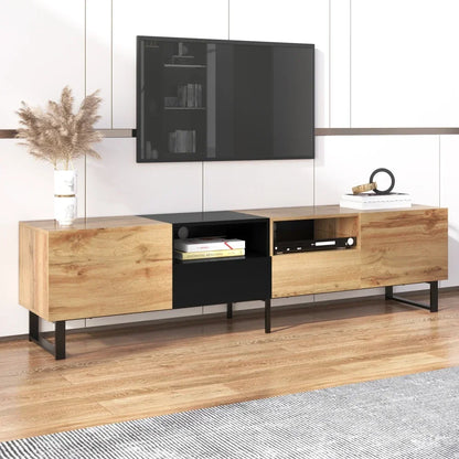 TV-meubel – TV-kast – Tv-dressoir – Mediameubel – Meubel – Natuurlijk Hout + Zwart – Ruime Opslag – Stevige PVC Afwerking