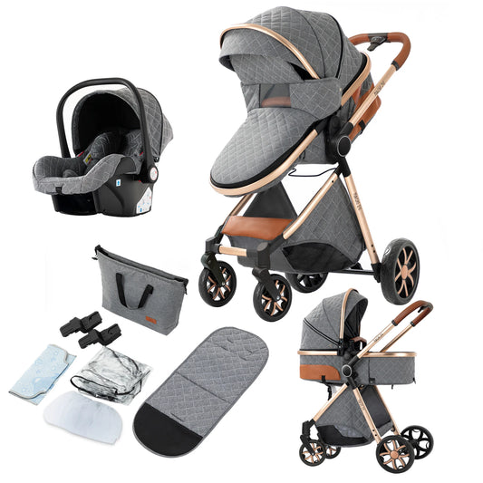 stroller - Jogging buggy - Runner - Lightweight stroller - Baby stroller - Pushchair - Travel stroller for newborn baby - High landscape - 3 pieces Buggy Stroller - Gray