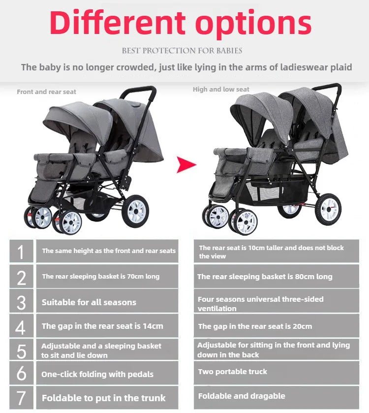 Duo Kinderwagen - Duo Buggy - Dubbele Buggy - Opvouwbare -  Verstelbare Rugleuning - Regenhoes - 72 × 42 × 97 cm - Grijs - QUORE