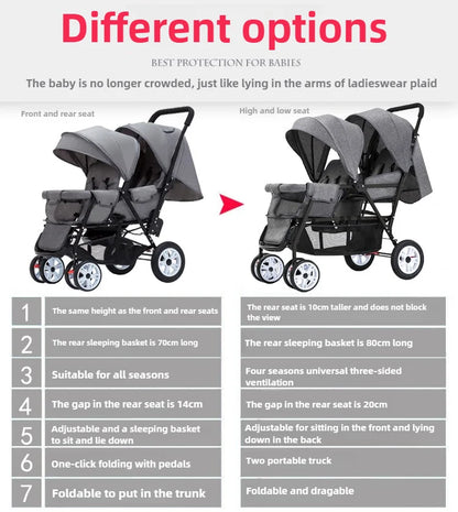 Duo Kinderwagen - Duo Buggy - Dubbele Buggy - Opvouwbare -  Verstelbare Rugleuning - Regenhoes - 72 × 42 × 97 cm - Blauw - QUORE