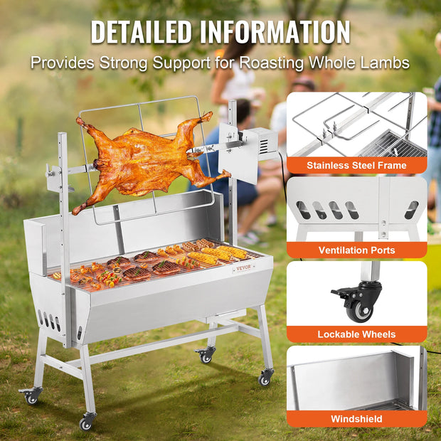 Electric BBQ Rotisserie Grill Kit - Grill Rotisserie Kit - 4RPM - Elektrische BBQ met Motor - RVS Automatische Grillset - Zeskantige Spitstang - Roestvrijstalen - 35inch met bord - BBQ heel Lamsvlees & Geit - Zilver