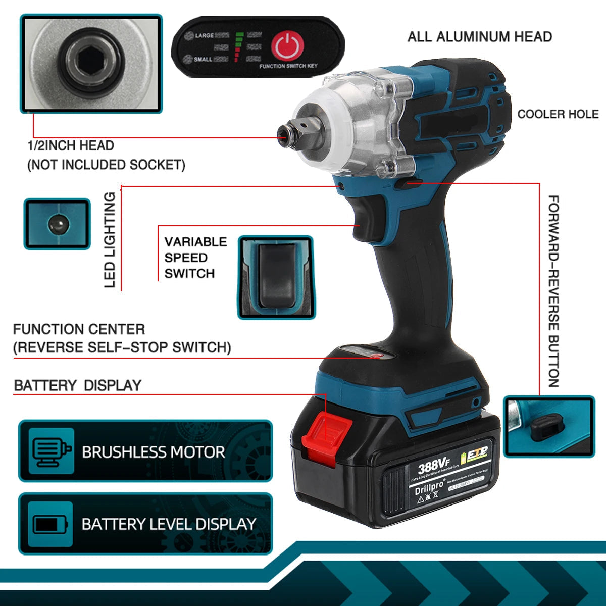Elektrische Slagmoersleutel - Draadloze - Borstelloze - Wrench - 520Nm - Hoog Koppel - Power Tools - 18V - 4100rpm - 1/2inch - Zwart/Blauw