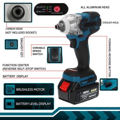 Elektrische Slagmoersleutel - Draadloze - Borstelloze - Wrench - 520Nm - Hoog Koppel - Power Tools - 18V - 4100rpm - 1/2inch - Zwart/Blauw