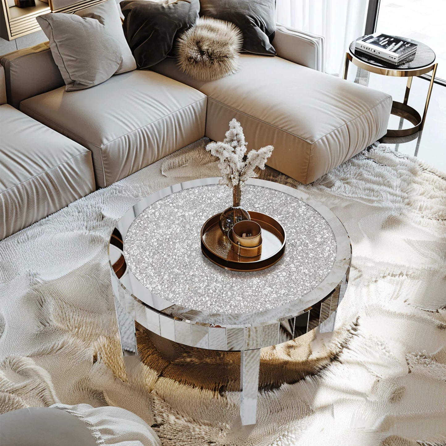 Spiegelende Salontafel – Ronde Tafel – Modern Meubel – Kristallen Inleg – MDF En Glas – Diameter 80 cm – Draagvermogen 50 kg