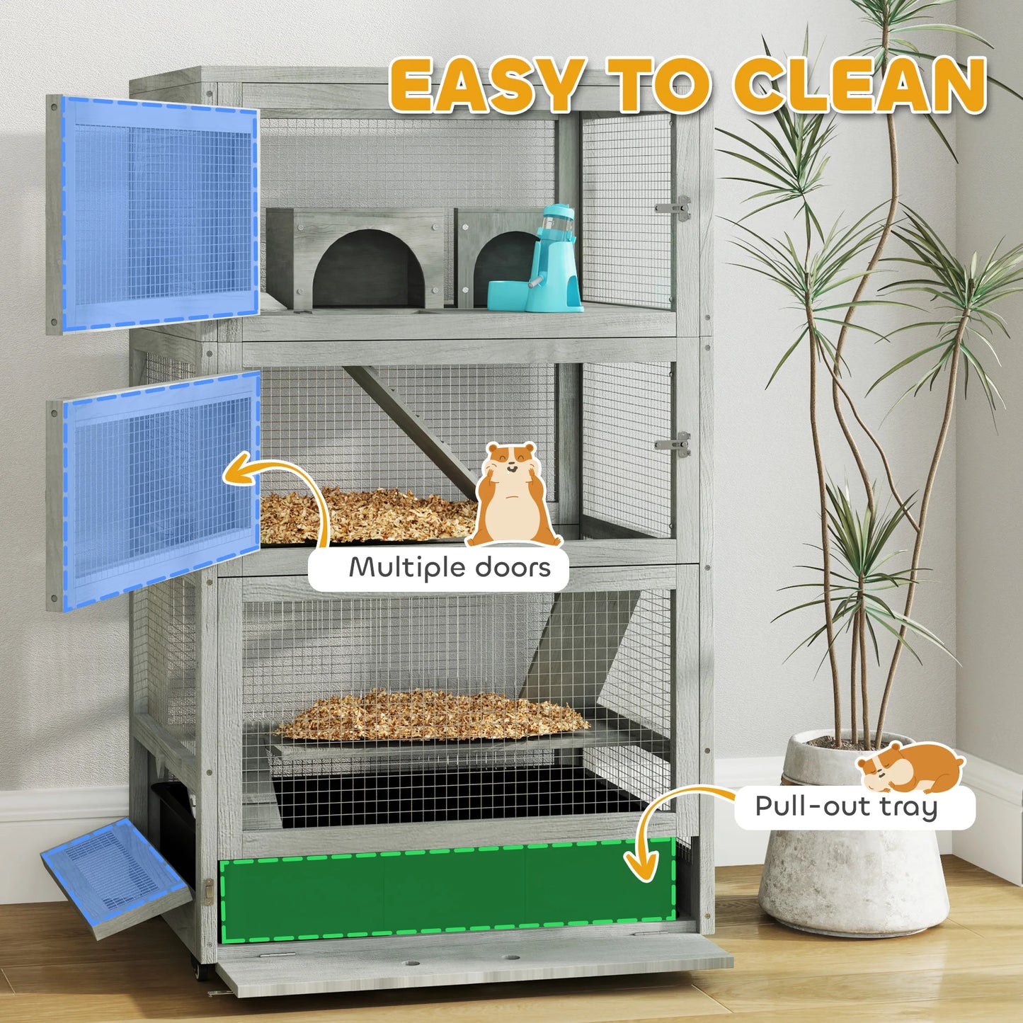 Hamsterkooi – Knaagdierkooi – Houten Kooi – Kleine Dieren Kooi – Vier Verdiepingen – Zandbak 9,5 Cm – Wieltjes Met Remmen - 65 x 45 x 109 cm - Grijs - QUORE