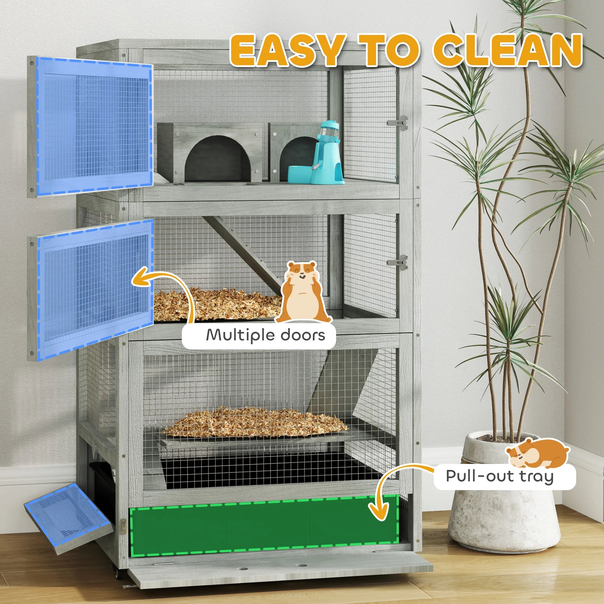 Hamsterkooi – Knaagdierkooi – Houten Kooi – Kleine Dieren Kooi – Vier Verdiepingen – Zandbak 9,5 Cm – Wieltjes Met Remmen - 65 x 45 x 109 cm - Grijs - QUORE