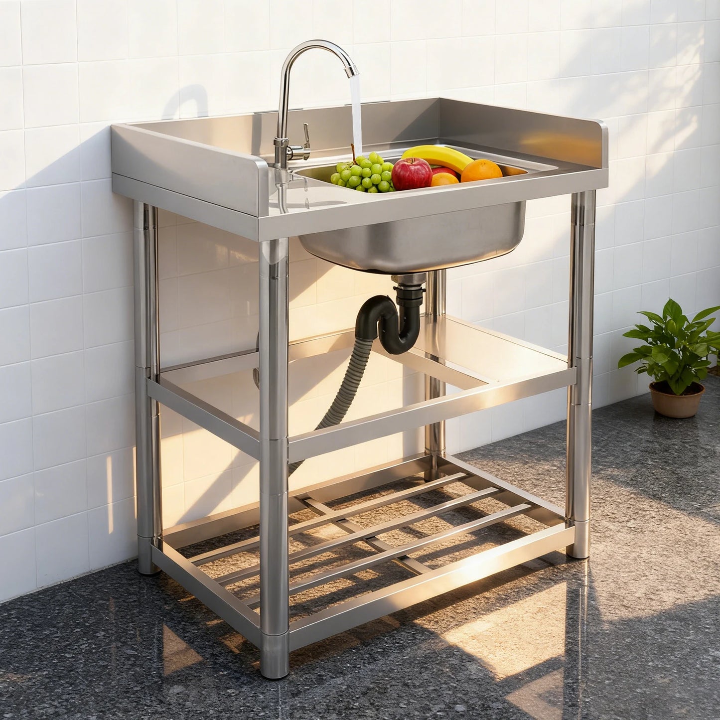 2-Tier Stainless Steel Single Bowl Sink with Worktop and Faucet, 100KG Capacity Floor Standing Kitchen Hand Washing Station - QUORE