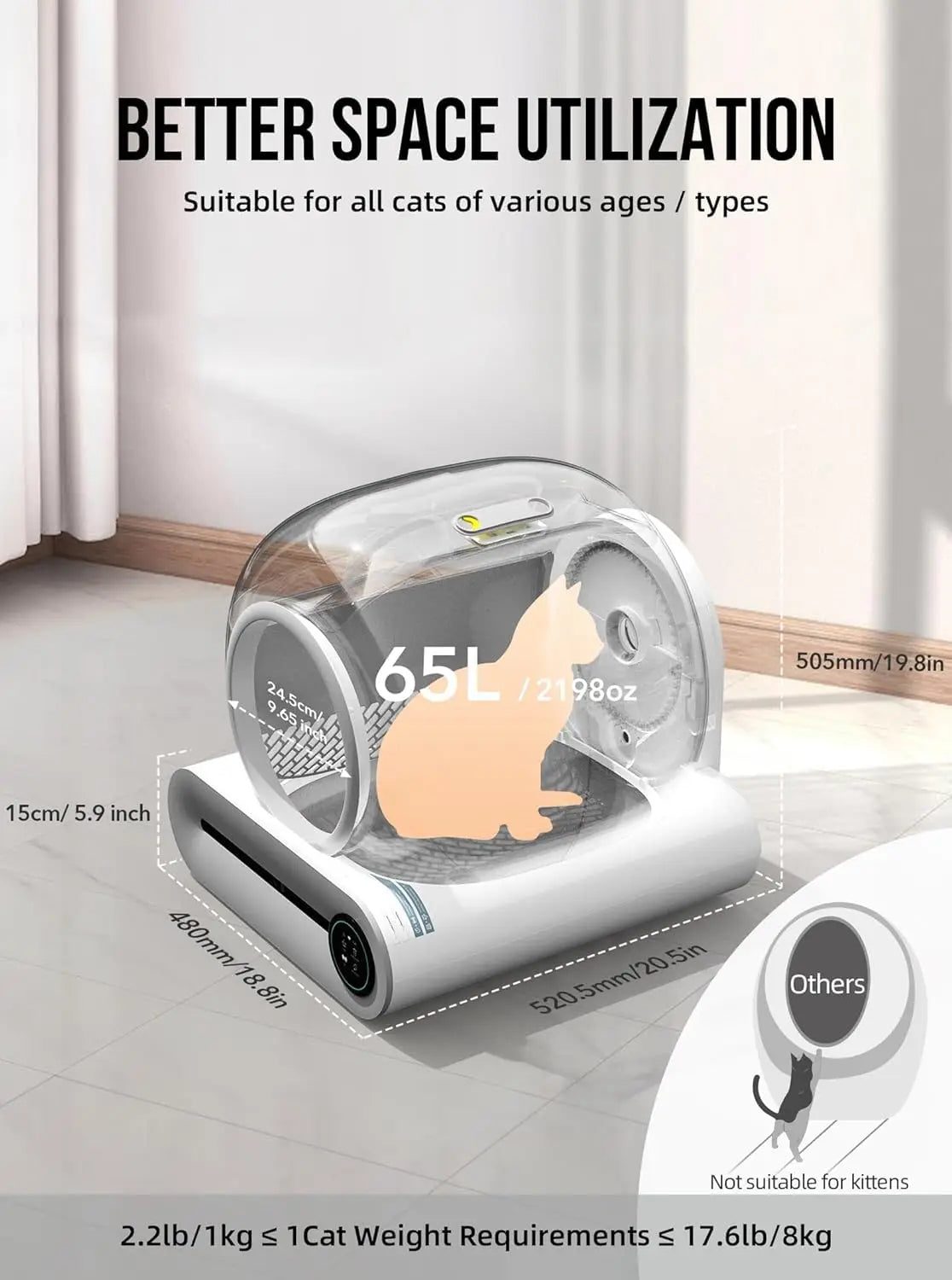 Slimme Kattenbak – Zelfreinigende Bak – Automatische Kattenbak – App Bediening – Geurcontrole – 65L Binnenruimte – Ionische Luchtreiniger