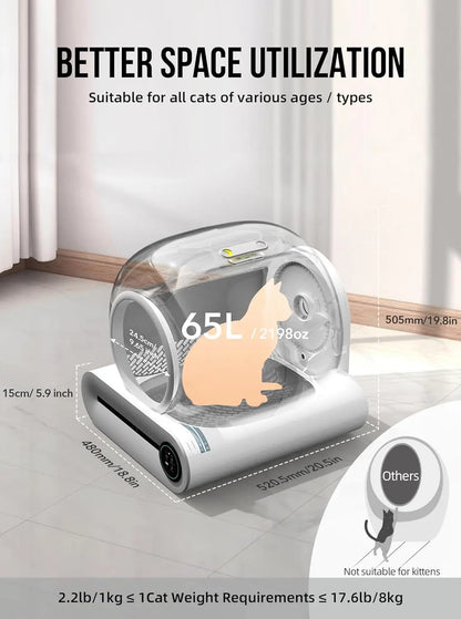 Slimme Kattenbak – Zelfreinigende Bak – Automatische Kattenbak – App Bediening – Geurcontrole – 65L Binnenruimte – Ionische Luchtreiniger