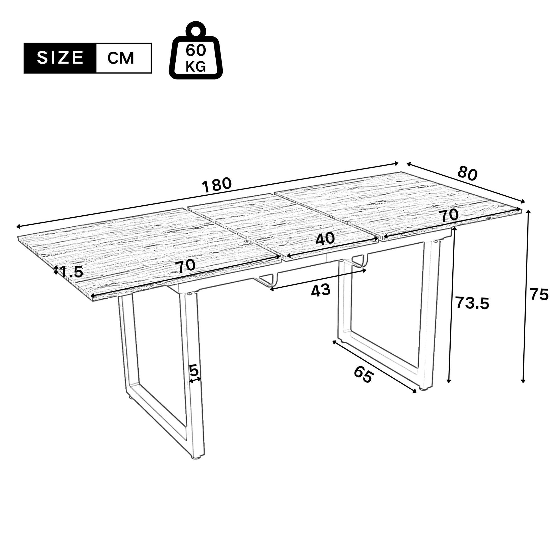 Industriële Eettafel – Uittrekbare Tafel – Verstelbare Tafelpoten – Betonlook Tafel – MDF Blad – 140-180 Cm Lang – Metalen Frame - QUORE