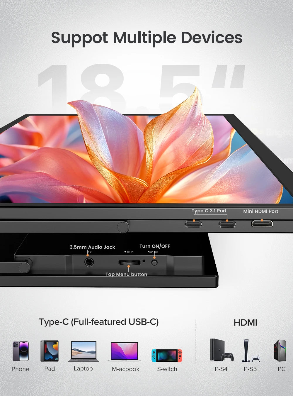 18,5 Inch Portable Monitor – Tweede Scherm – Draagbaar Display – Extern Scherm – Gaming Monitor – Full HD 1080p – 120Hz Verversingssnelheid - QUORE