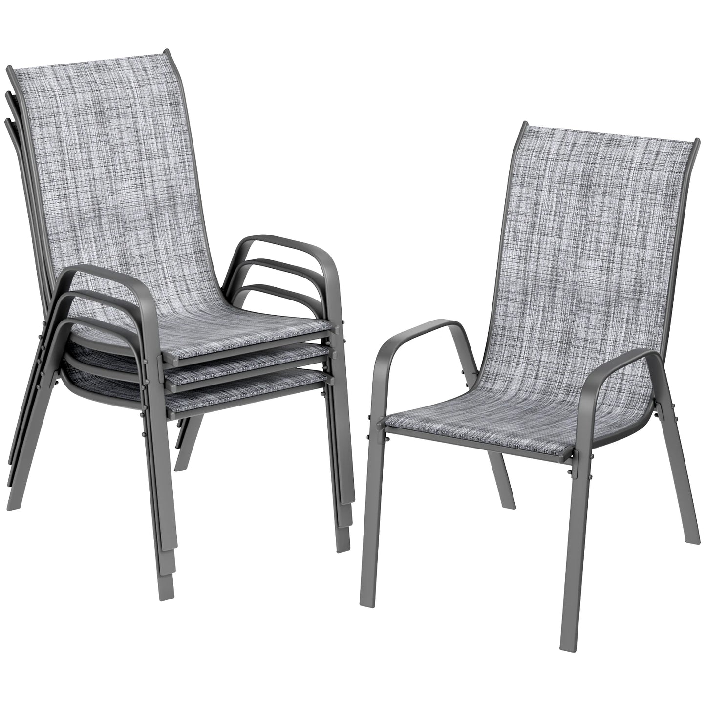 Tuinstoelen - Set van 4 - Stoelen - Metalen - Stapelbare - Weerbestendige  - Ademend Textileen - Geschikt voor Terras - en Balkon - Comfortabel en Ademend - Draagvermogen 150 kg - Grijs - QUORE