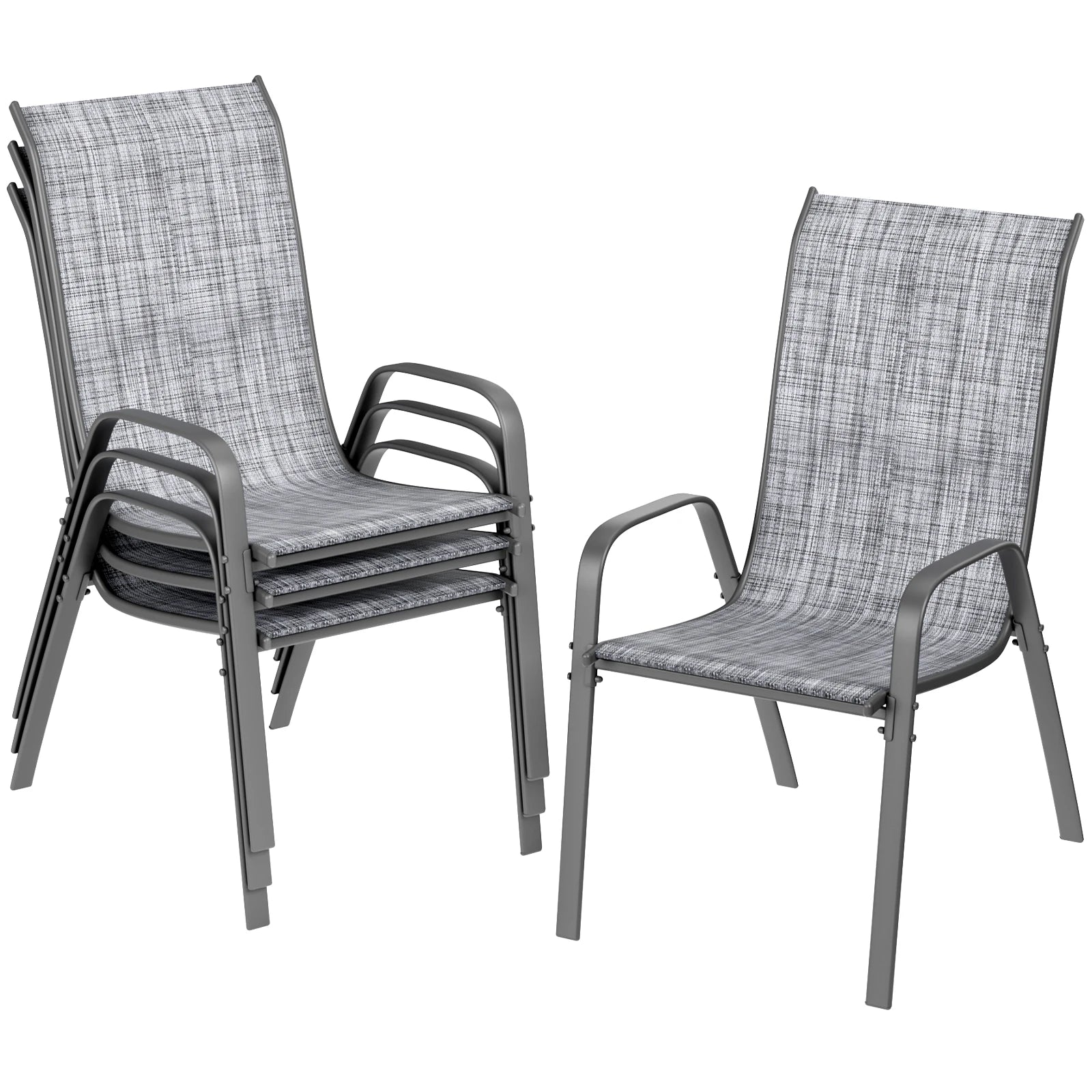 Tuinstoelen - Set van 4 - Stoelen - Metalen - Stapelbare - Weerbestendige  - Ademend Textileen - Geschikt voor Terras - en Balkon - Comfortabel en Ademend - Draagvermogen 150 kg - Grijs - QUORE