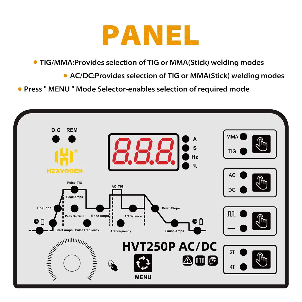 Hzxvogen - HVT250P - Elektrisch lasapparaat - 4 in 1 - Aluminium Tig-lasmachine - ARC-kracht 2T-4T - met voetpedaal - Zwart - QUORE