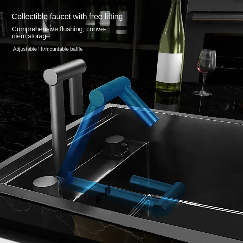 304 Nano Stainless Steel Hidden Sink Folding Faucet, Large Single Slot, Cover Plate, Bar Counter Cup Washer, 55cm x 32cm - QUORE
