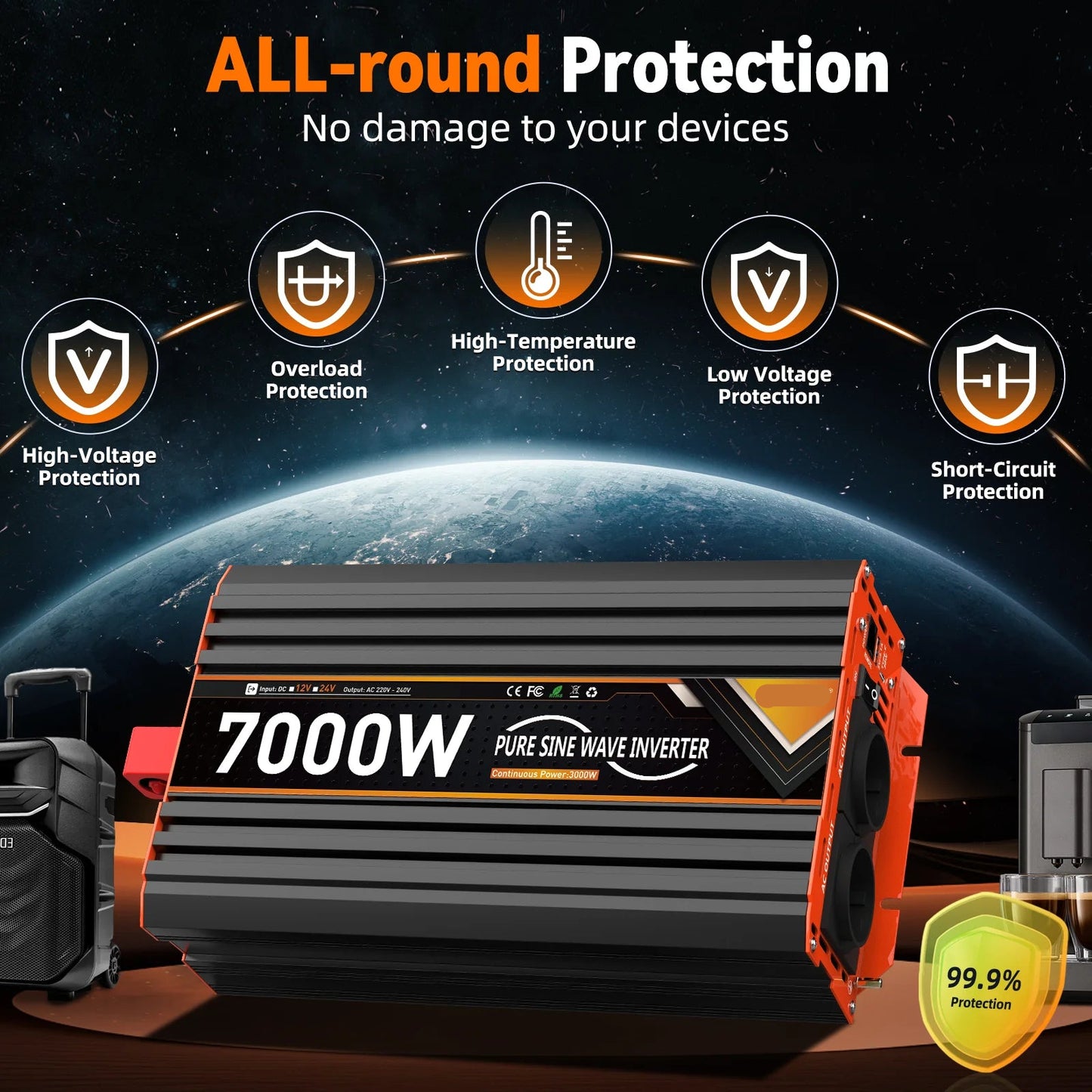 Omvormer – Stroomomzetter – Inverter – Spanningsomzetter – 12V - 7000W Vermogen – Pure Sinusgolf Output