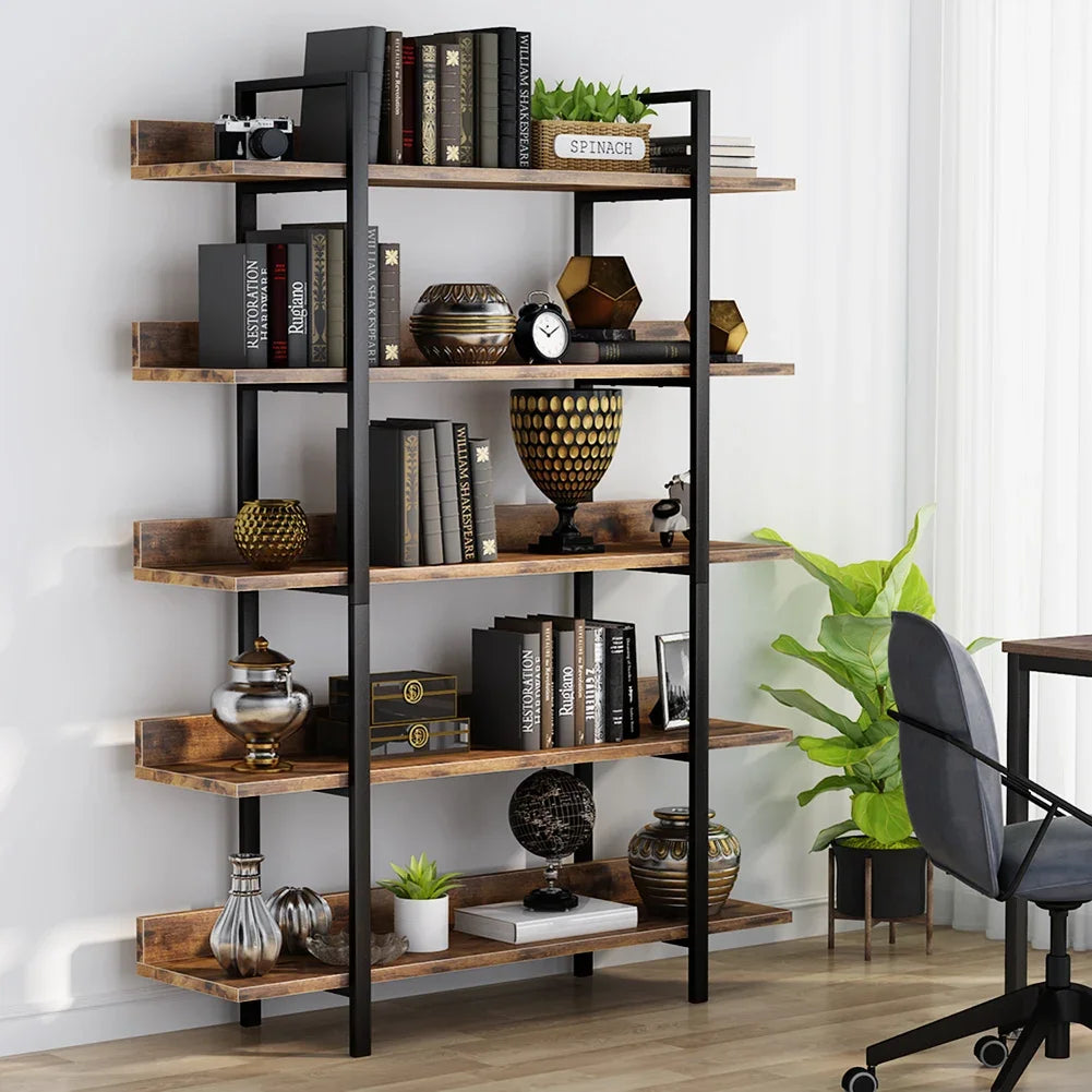 Boekenkast - Kast - Ladderkast - Wandkast - Industriële 5-Laags - met IJzeren Frame – Stabiele Opbergplank voor Boeken & Decor – Bruin - QUORE