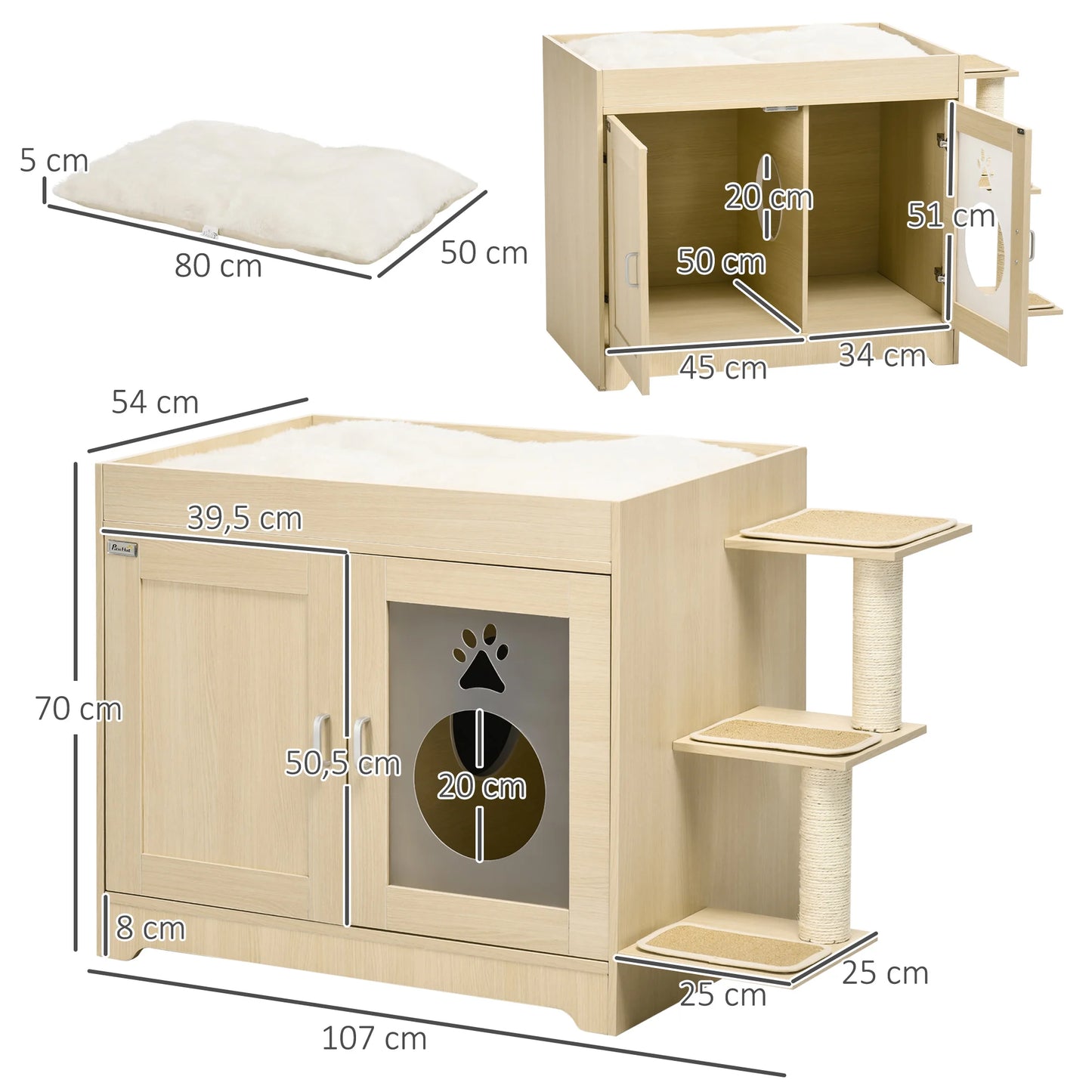 Kattenbakhuisje – Kattenbak Kast – Kattenhuis – Kattenmeubel – Kattenbak Omsluiting – Luxe Pluche Bekleding – Afmetingen 107x54x70 cm - Eik