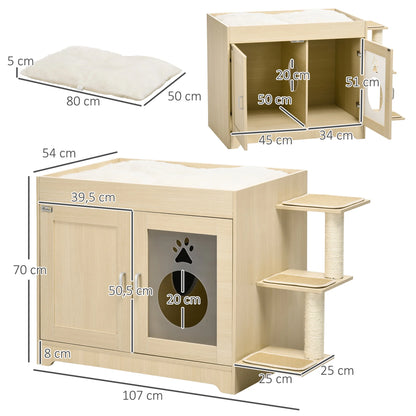 Kattenbakhuisje – Kattenbak Kast – Kattenhuis – Kattenmeubel – Kattenbak Omsluiting – Luxe Pluche Bekleding – Afmetingen 107x54x70 cm - Eik