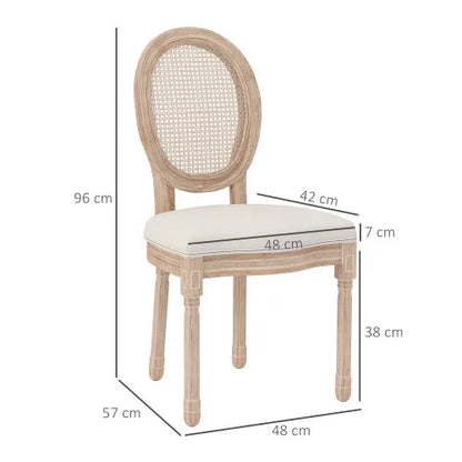 Eetkamerstoelen – Stoelen – Set Van 2 – Linnen Stoelen – Rotan Rugleuning – Massief Rubberhout – Verstelbare Voetkussens - 48 x 57 x 96 cm - Crèmewit