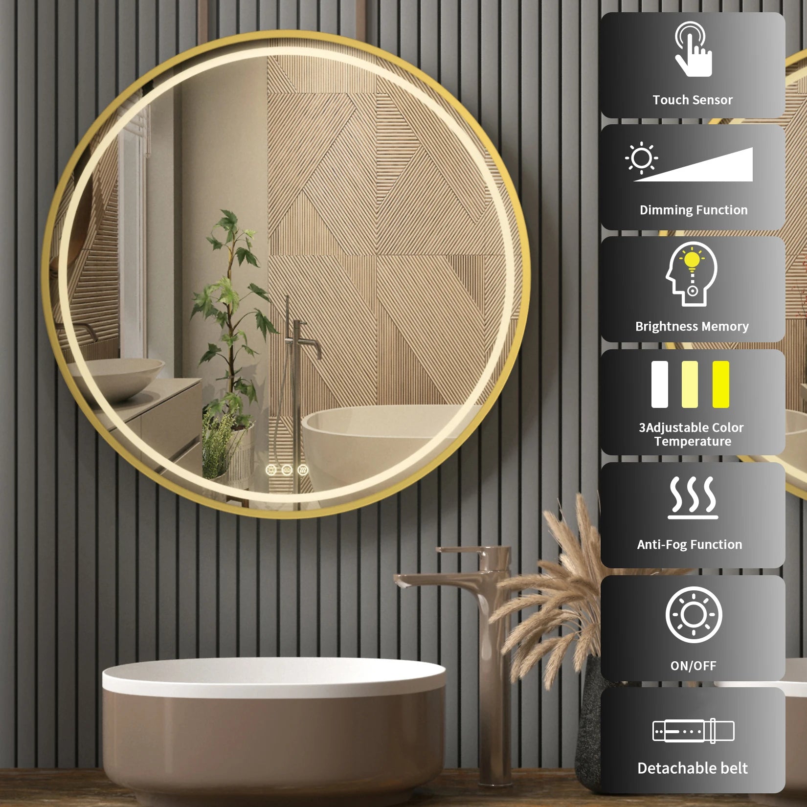Badkamerspiegel - Spiegel - Spiegel met Verlichting - Smart Spiegel - Ronde LED Badkamerspiegel - 60CM - Goudkleurige Wandspiegel met Verlichting, Dimbaar en Anti-condens - QUORE