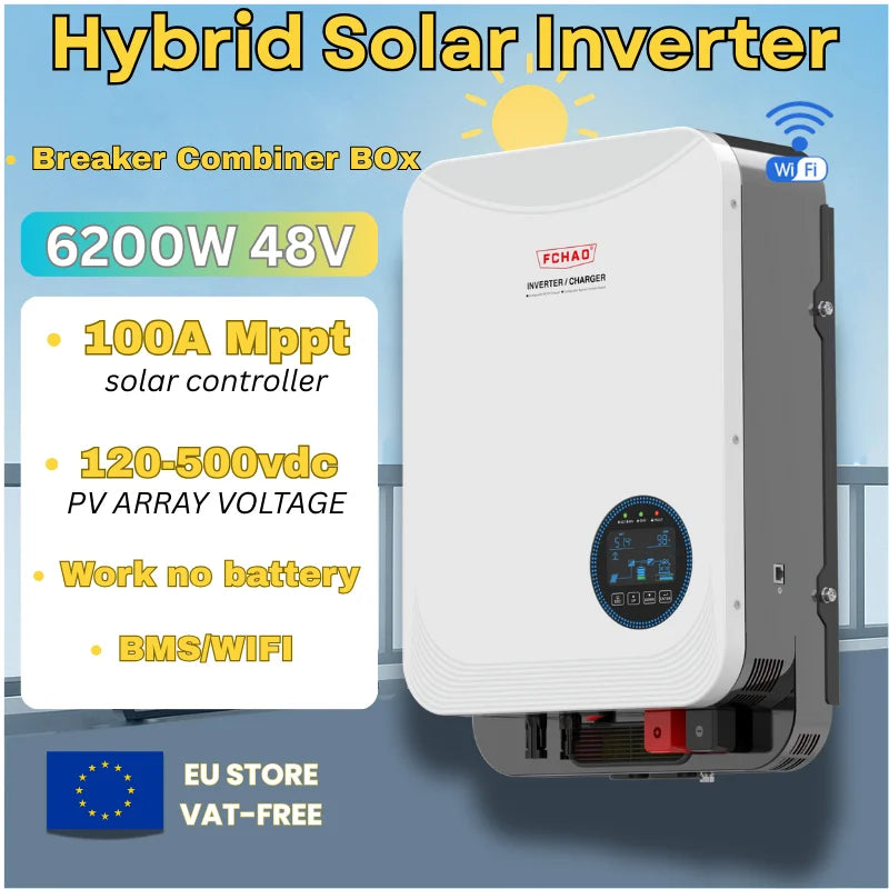 Zonne-omvormer – Hybride Inverter – Solar Inverter – MPPT Laadregelaar – Zuivere Sinusgolf – 6,2 kW Vermogen – WiFi Monitoring - QUORE