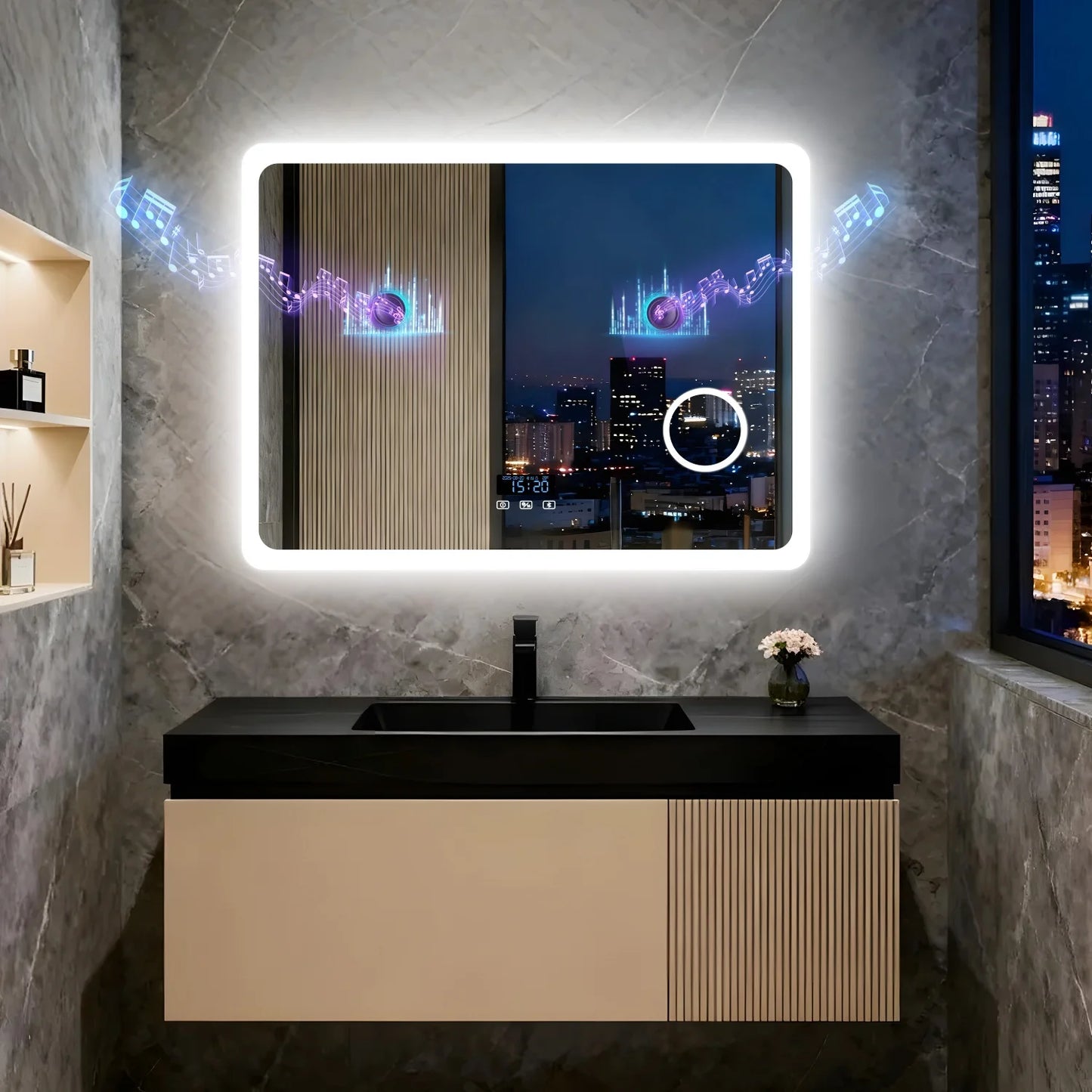 LED Badkamerspiegel – Badkamer Spiegel – Make-up Spiegel – Verlichte Spiegel – Bluetooth Spiegel – 120x70 cm – Dimbare LED Verlichting – 3x Vergrotingslens