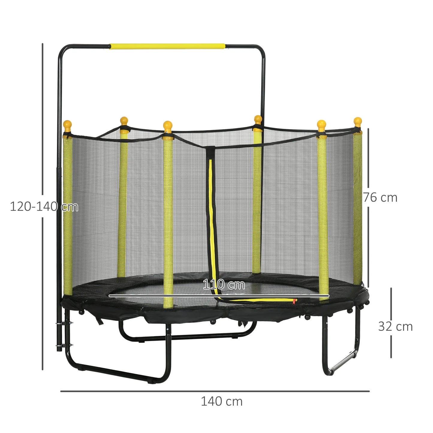 Kindertrek Trampoline Ø 140x120-140 cm met Veiligheidsnet - Schokdempers - Verstelbare Handgreep - Geschikt voor Binnen en Buiten - Zwart